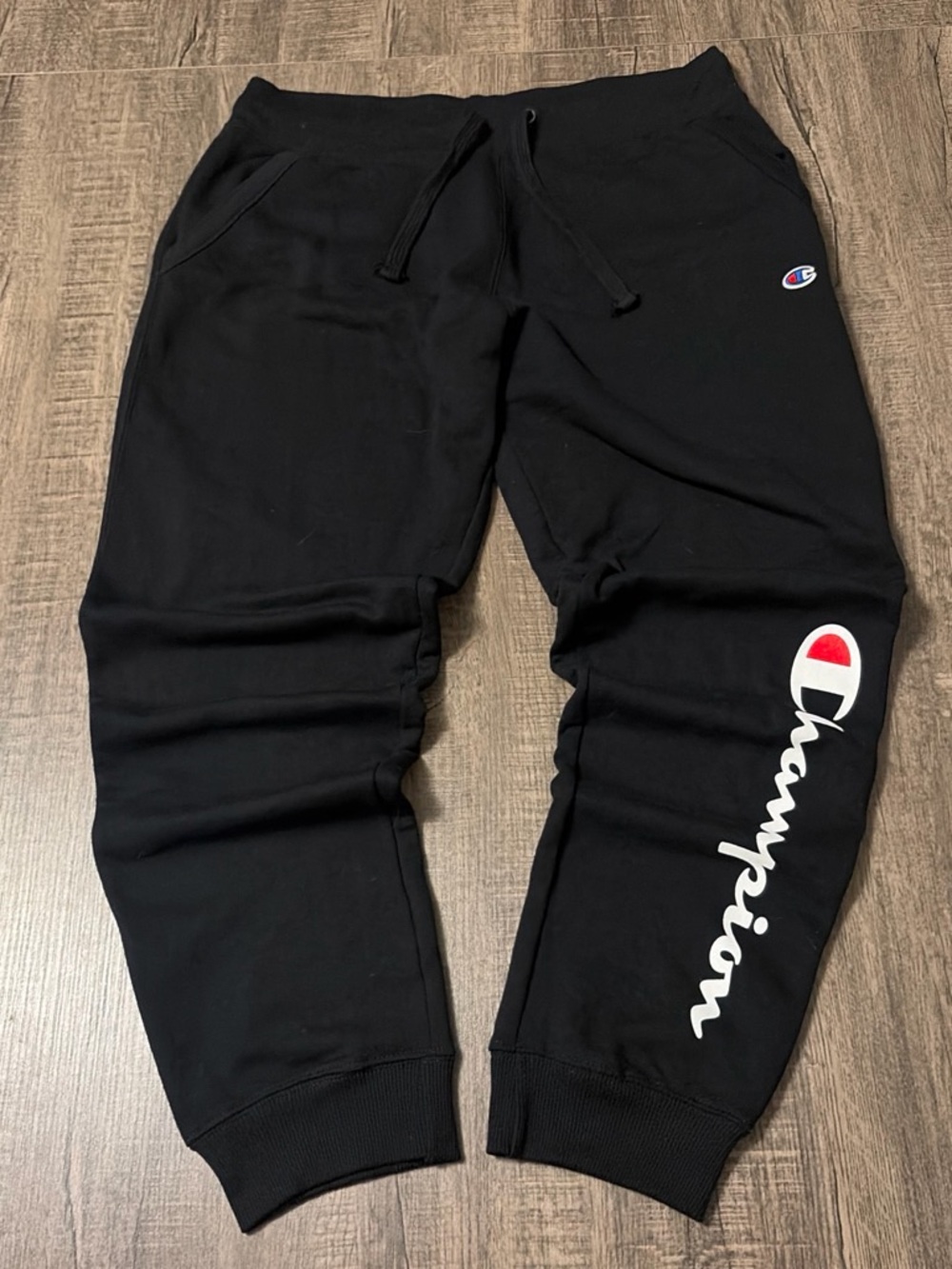 Champion Black Joggers with White Script and Red Accent
